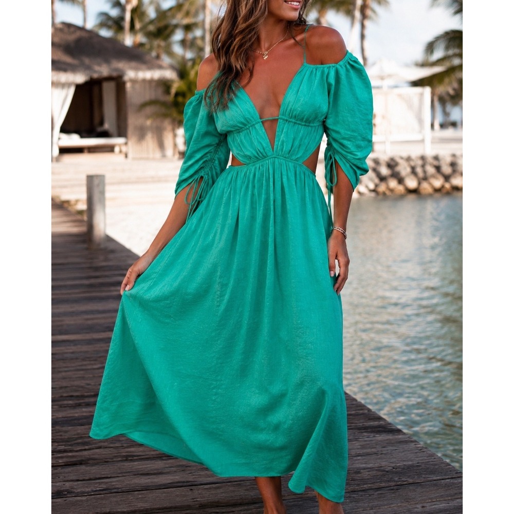 Cult Gaia Charlize Dress Erba Nubby Fall Green Cutout Midi Dress Size XS Resort